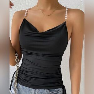 Pearl Beaded Strappy Detail Cowl Neck Ruched Black Cami Top Womens XS